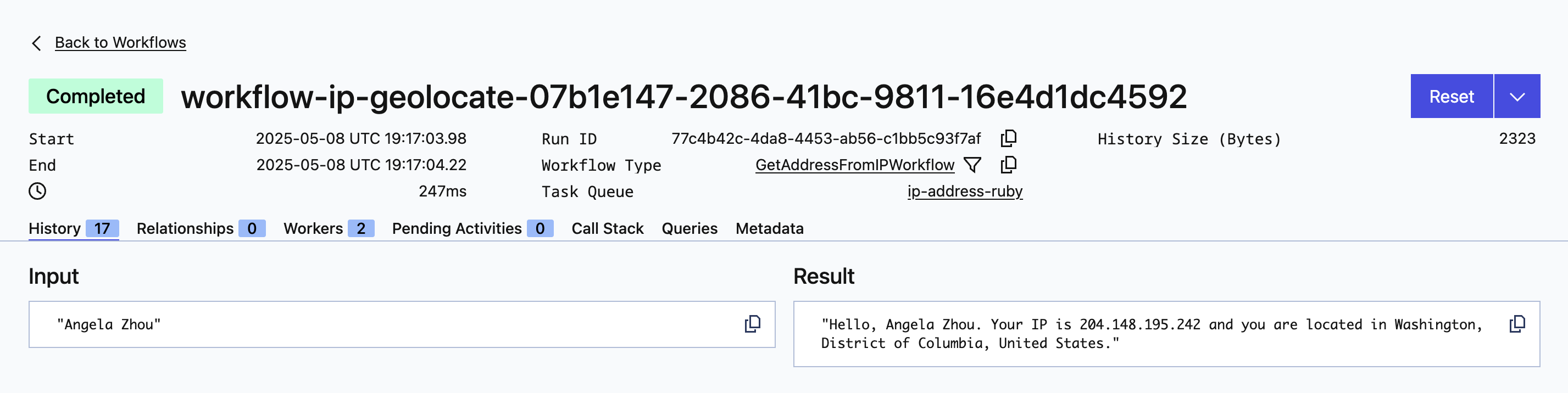 The UI shows the results of the Workflow including the output